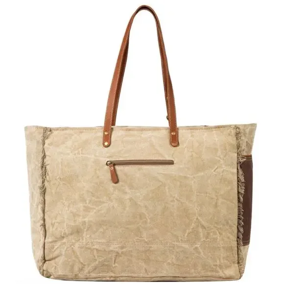 NWT Boutique Boho Yesteryear Vintage Style Leather and Canvas Tote Bag - Picture 3 of 5